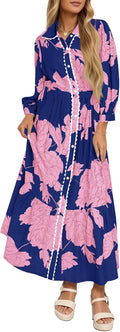 Wenrine Womens Maxi Shirt Dress Casual Floral Collared Drawstring