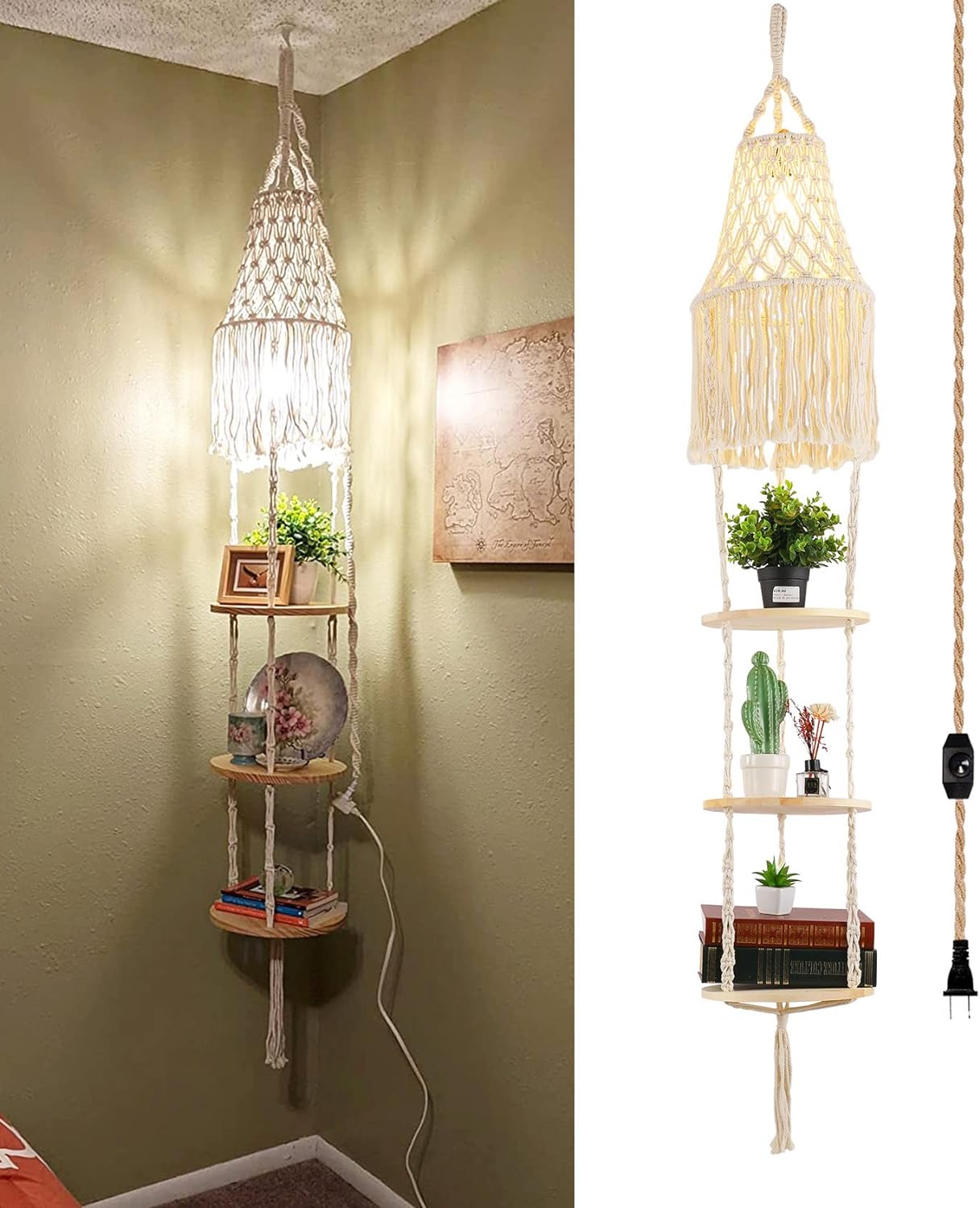 Boho Plug in Pendant Light with Dimmable Switch for Decor