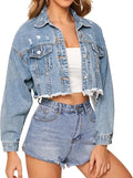 Cropped Denim Jacket Distressed Button-Down Jean Jacket - Stylish