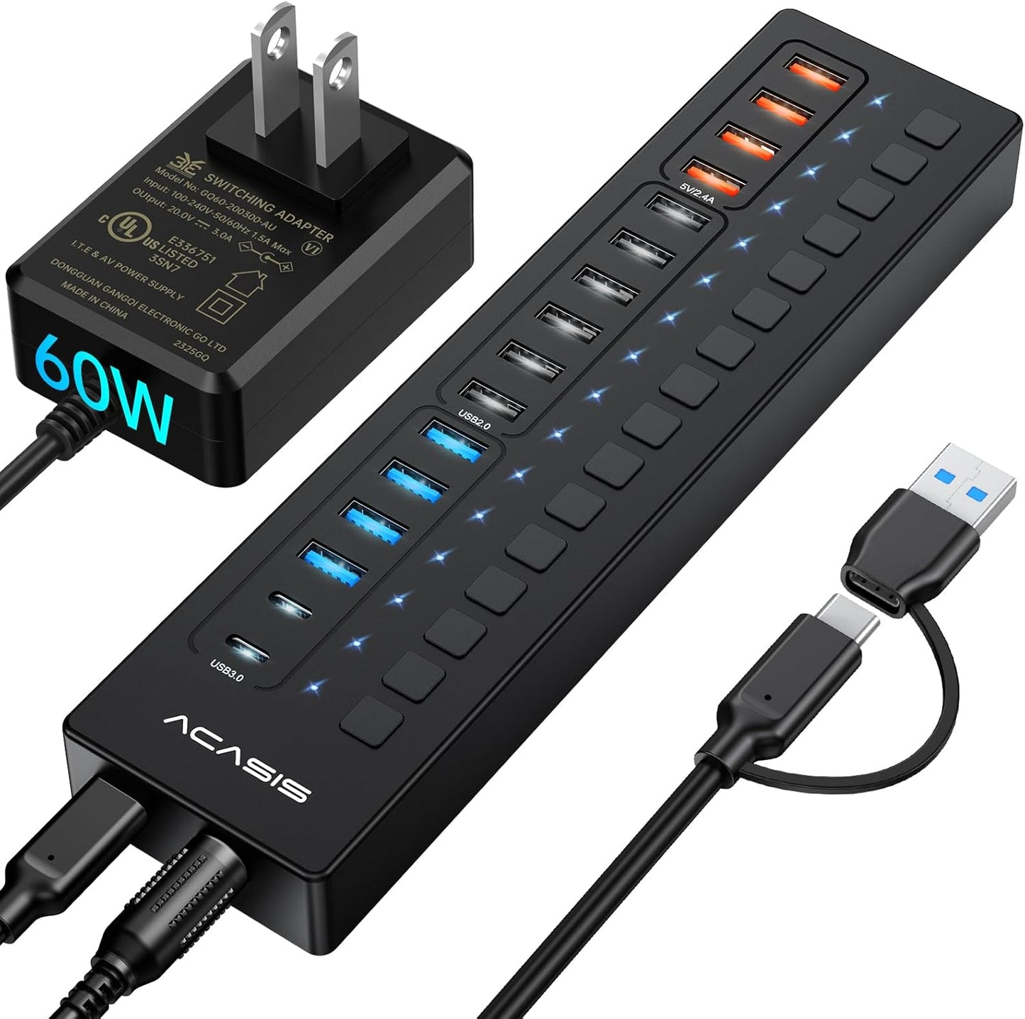 Powered USB 3.0 Hub with 16 Ports and Fast Charging Options