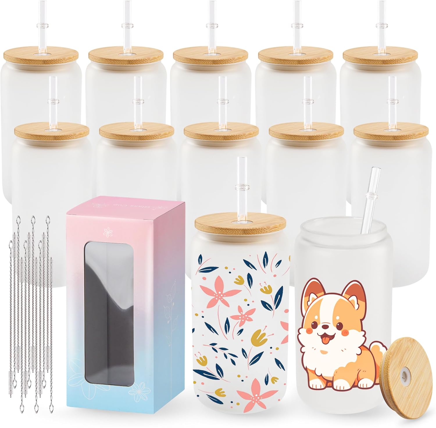 Sublimation Glass Cups 12 Pack with Lids and Straws for DIY Gifts