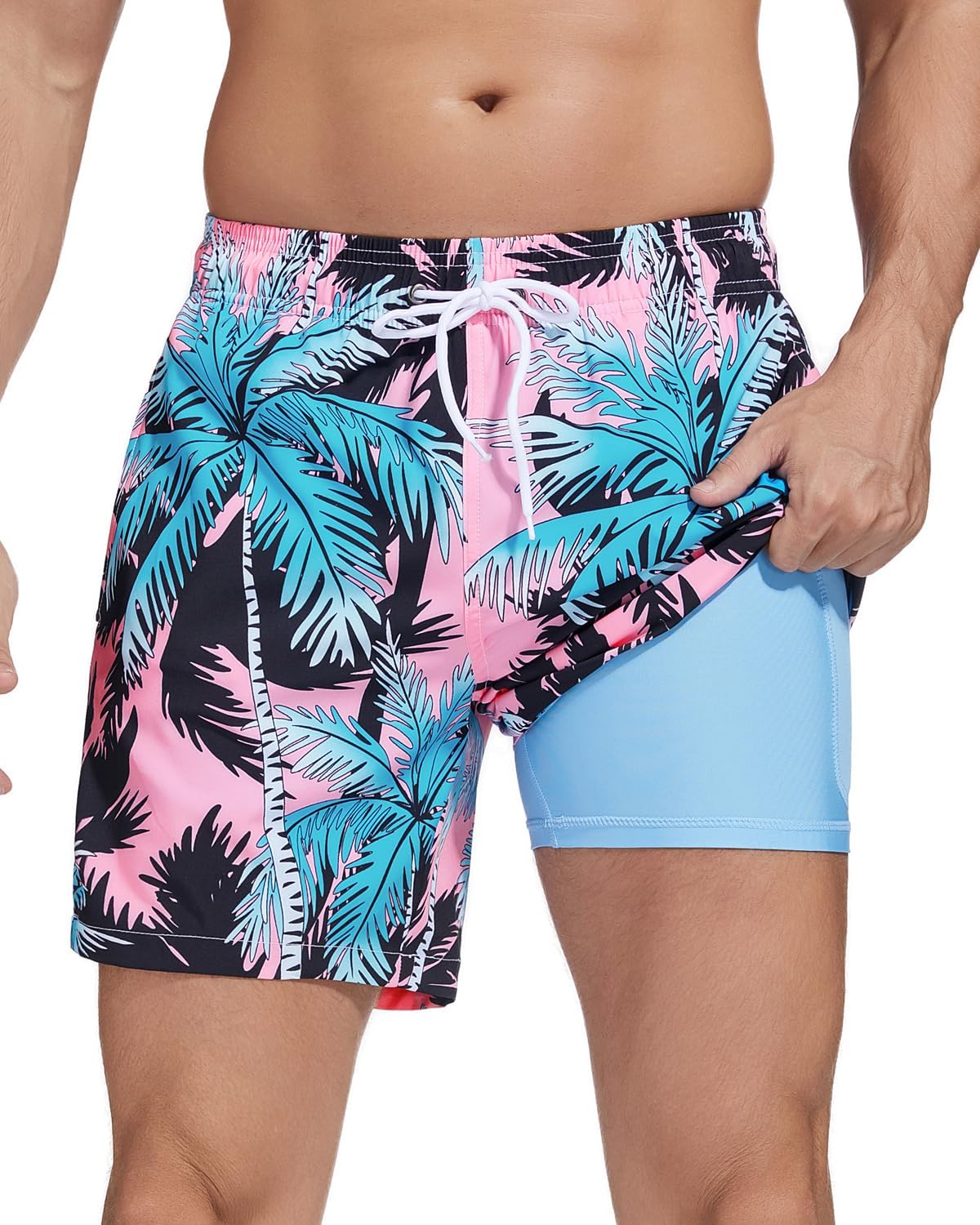 SILKWORLD Mens Swimming Trunks with Compression Liner for Comfort