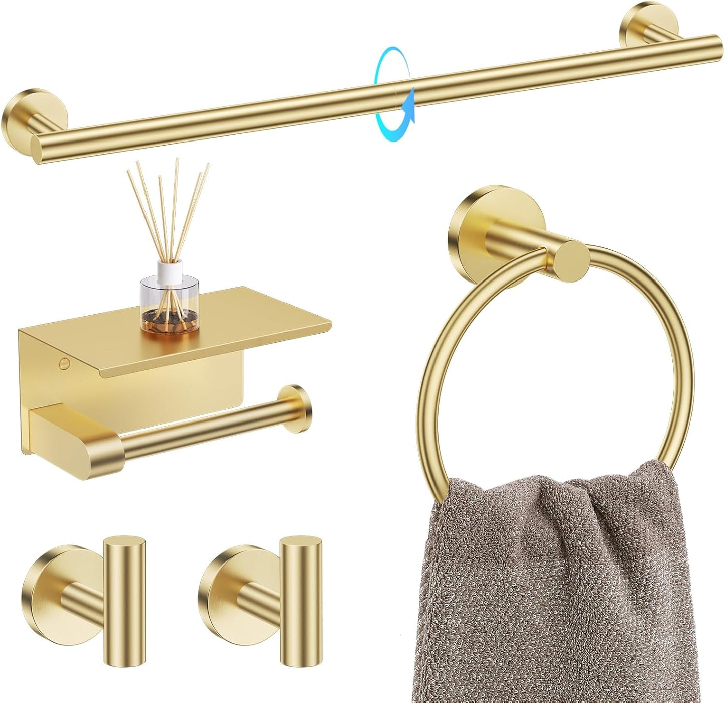 5 Piece Bathroom Towel Bar Holder Set in Brushed Gold Finish