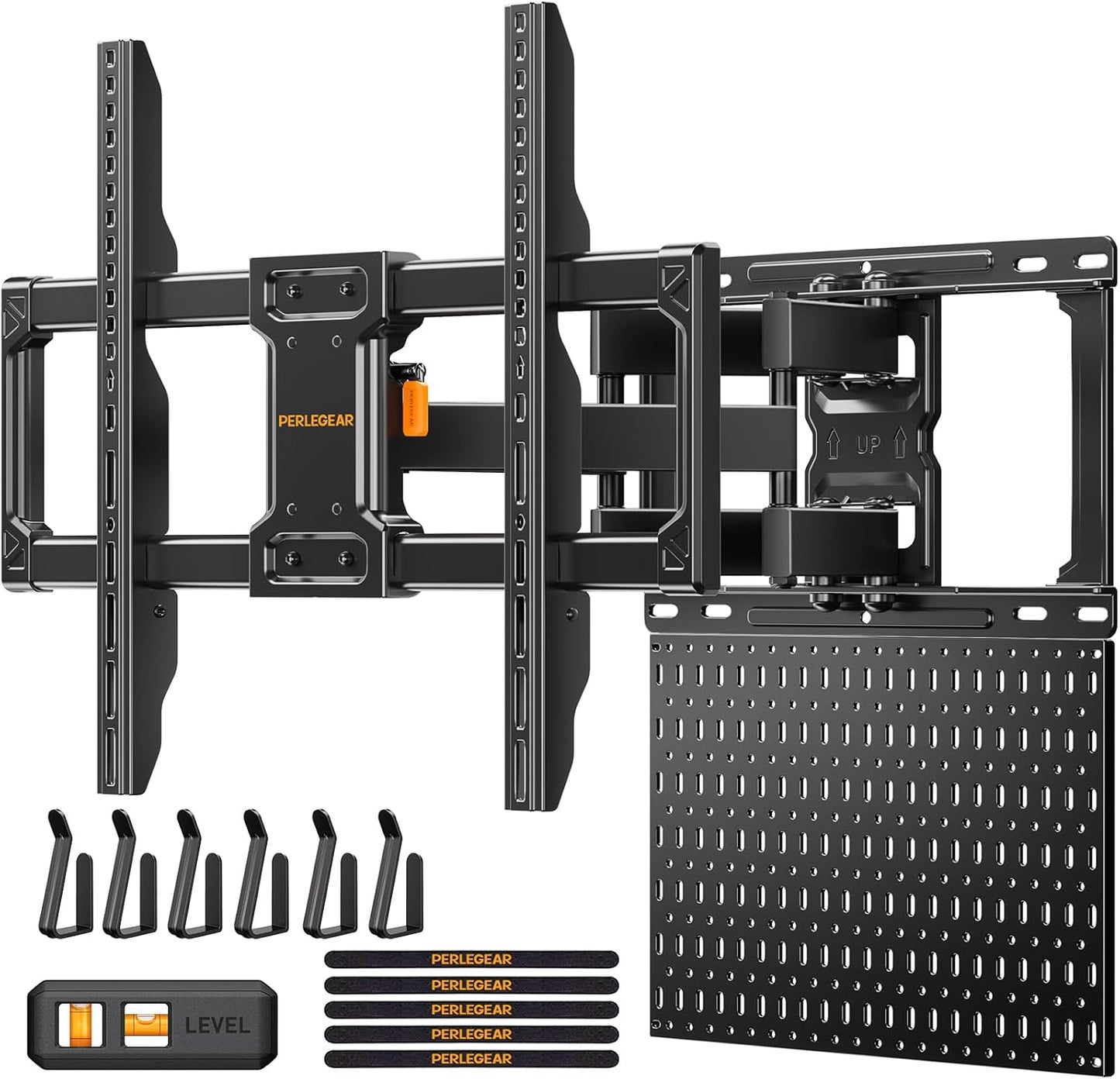 PERLEGEAR Full Motion TV Mount for 42-84 inch TVs with Pegboard