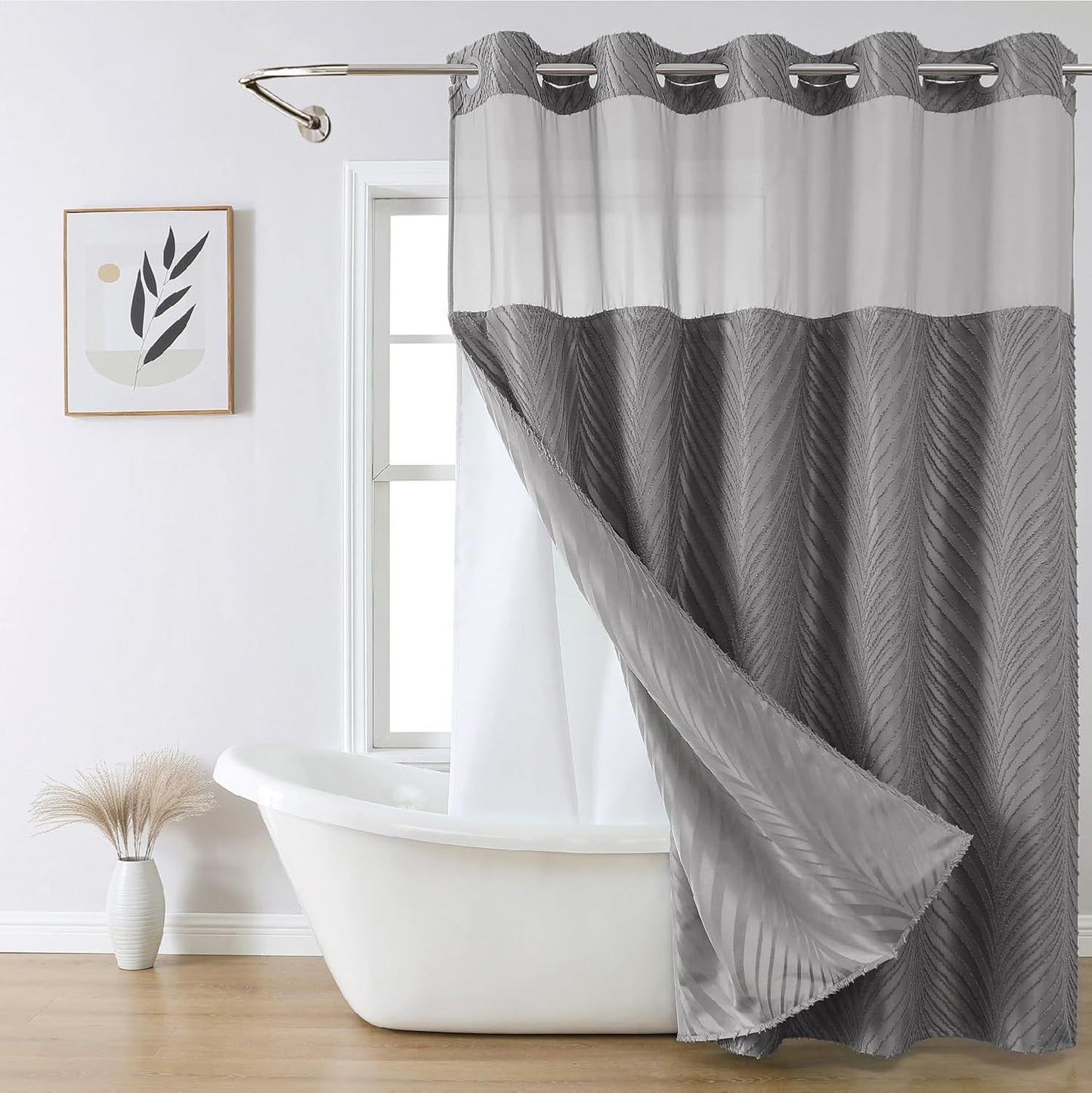 Boho Style No Hook Shower Curtain and Liner Set for Bathrooms