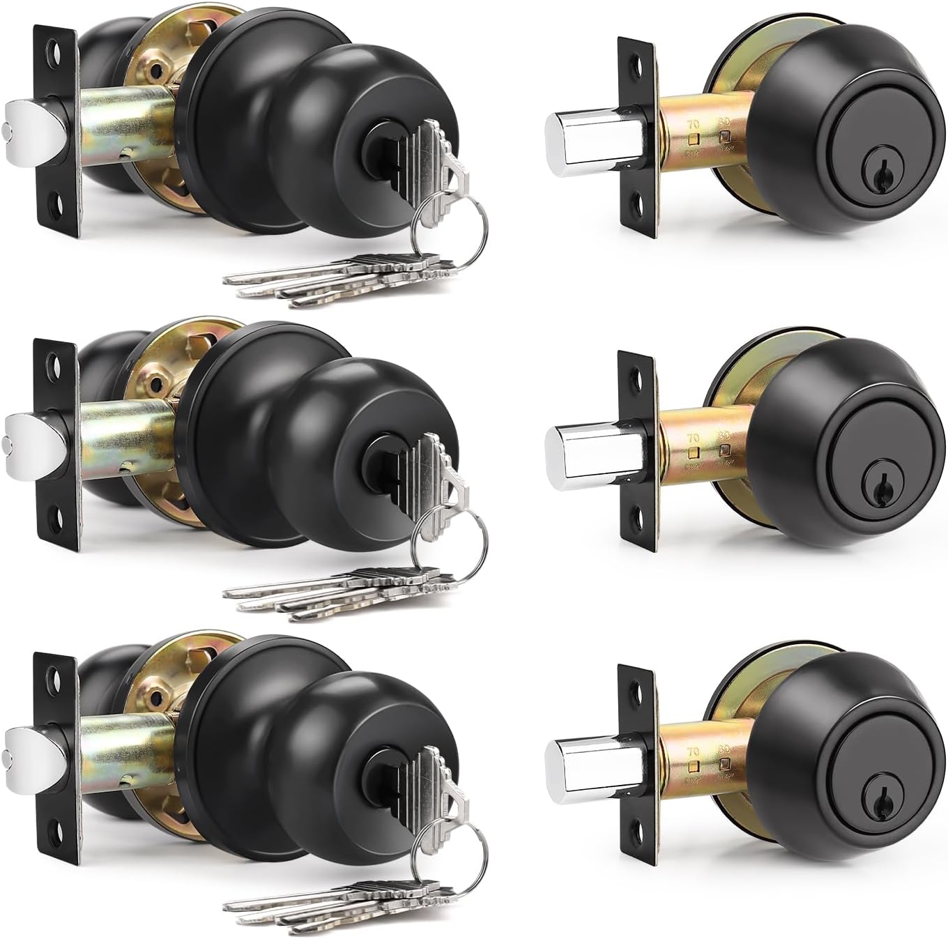 3 Pack Entry Door Knob Lockset with Deadbolt in Matte Black