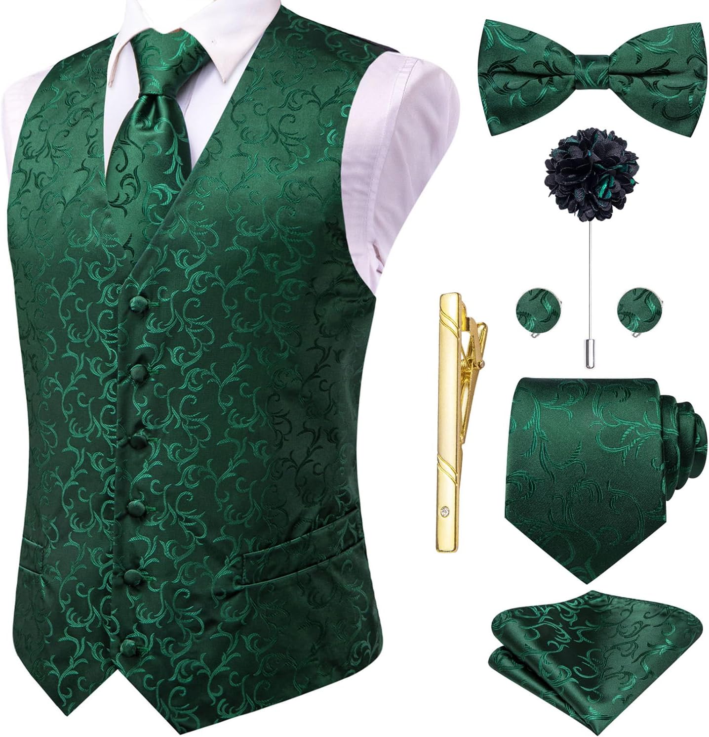 Hi-Tie Silk Mens Suit Vest Set with Tie, Bowtie, and Accessories