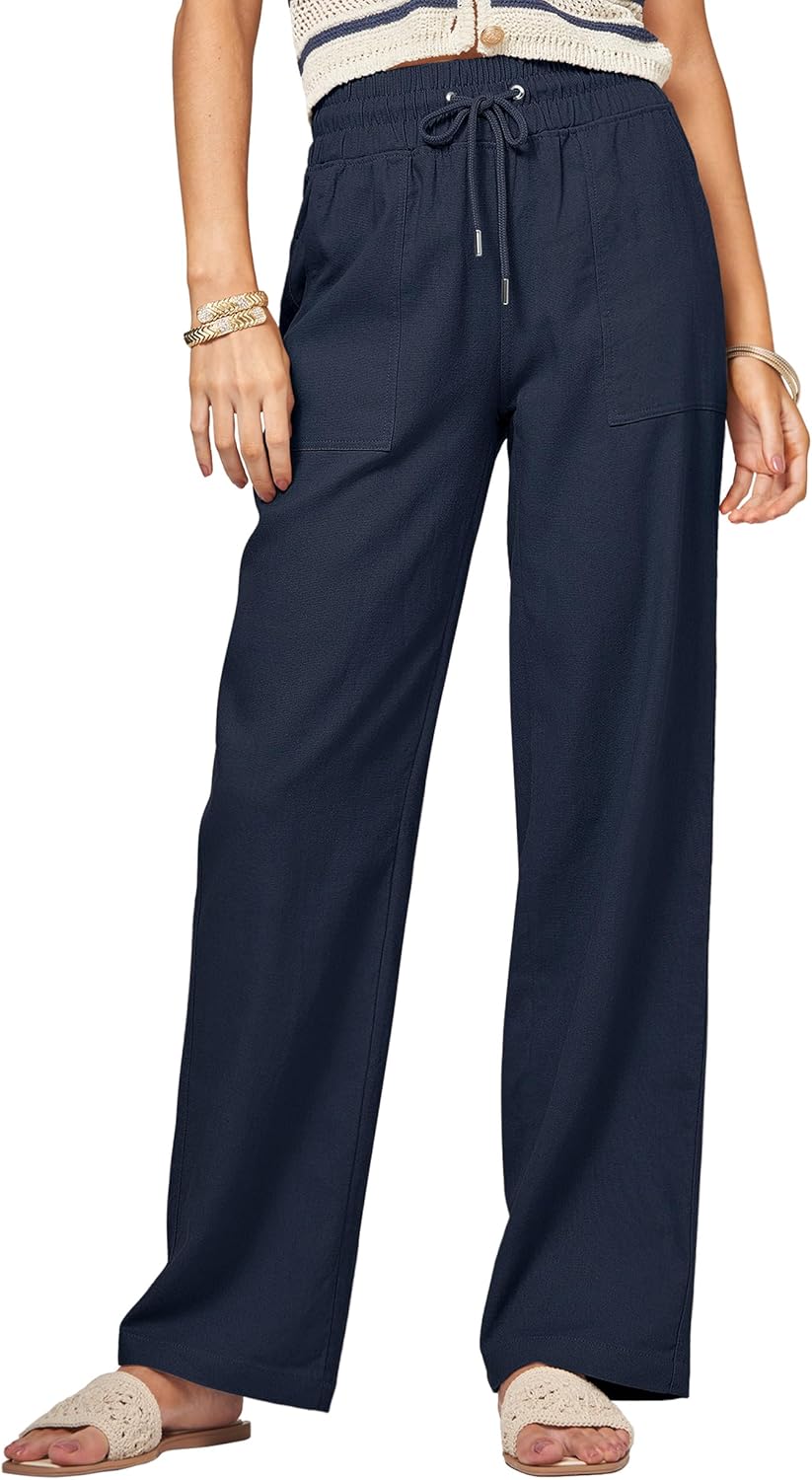 Women Linen Pants Wide Leg Palazzo Pants with Pockets