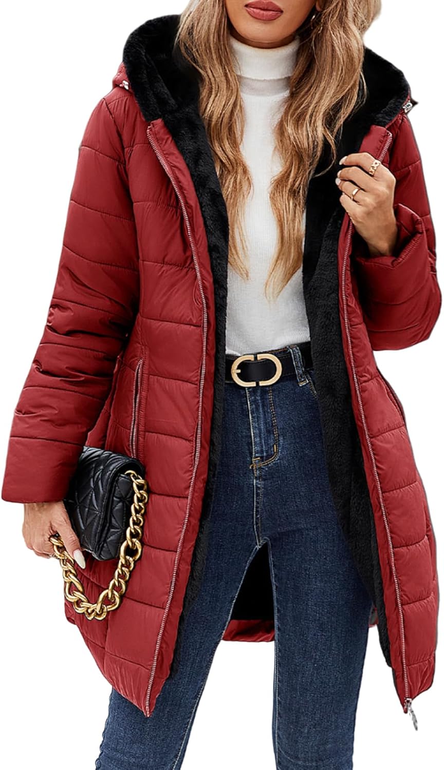 Women's Winter Fleece Warm Coat Windproof Slim Fit Long Jacket