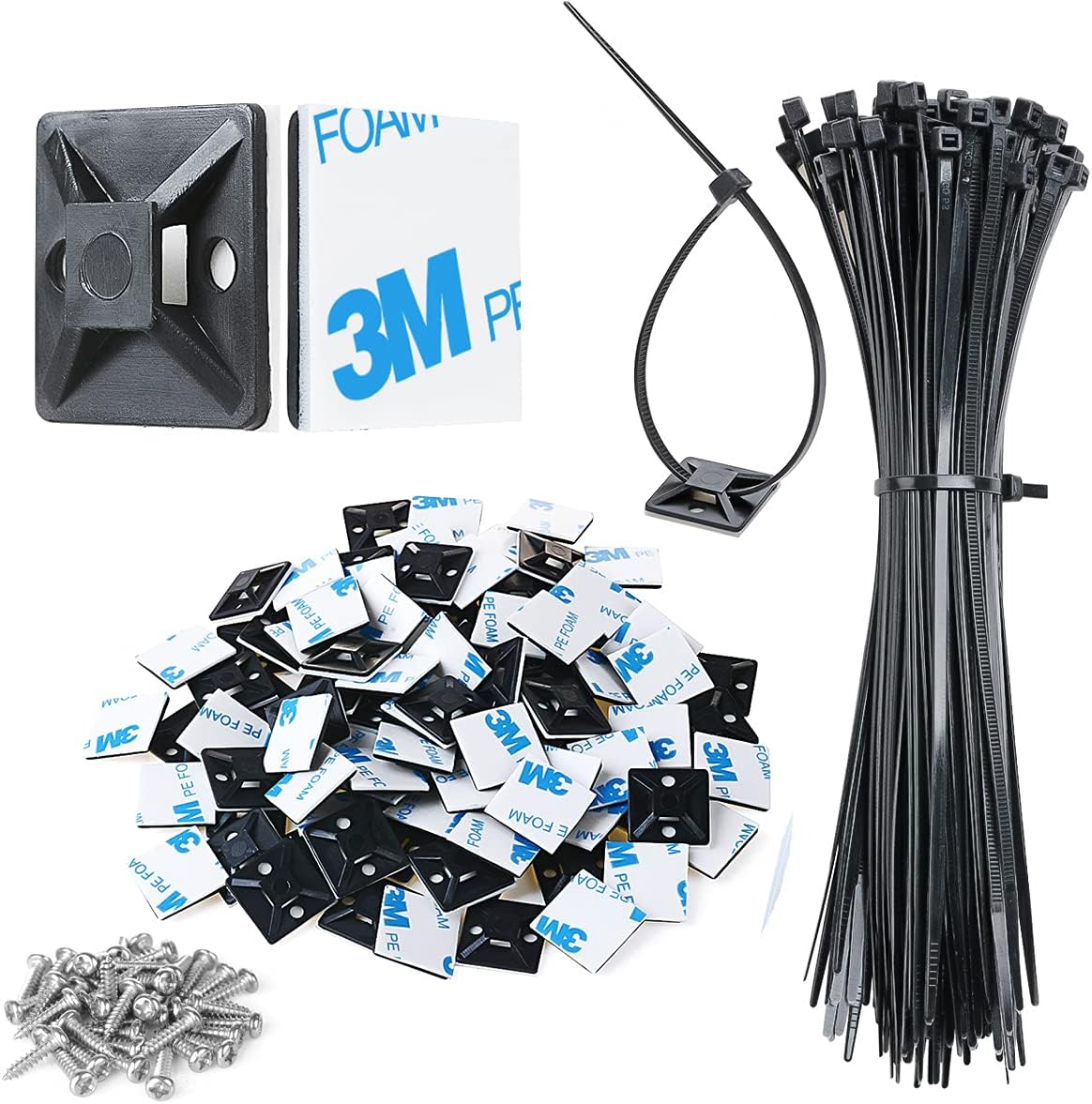100pcs Self Adhesive Cable Mounts w/ Zip Ties - Easy Organization