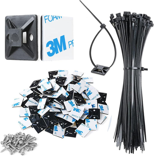 100pcs Self Adhesive Cable Mounts w/ Zip Ties - Easy Organization