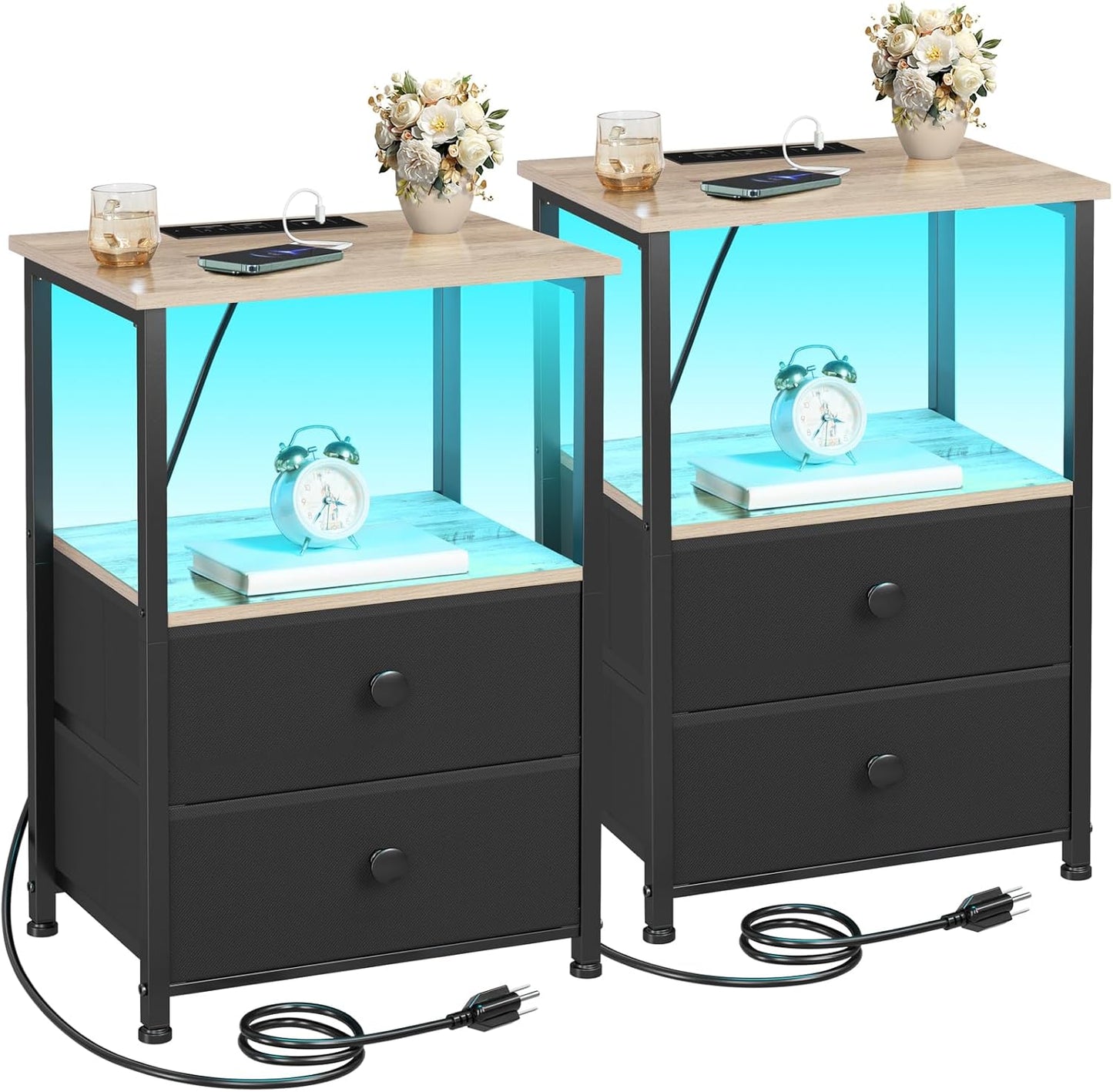 LED Nightstand Set with Charging Station and Storage for Bedrooms