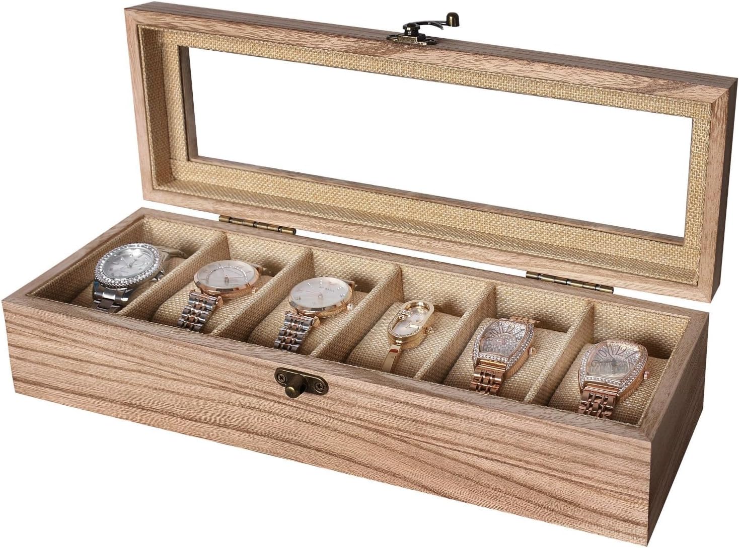 Wooden Watch Box with Glass Lid - 6 Slots
