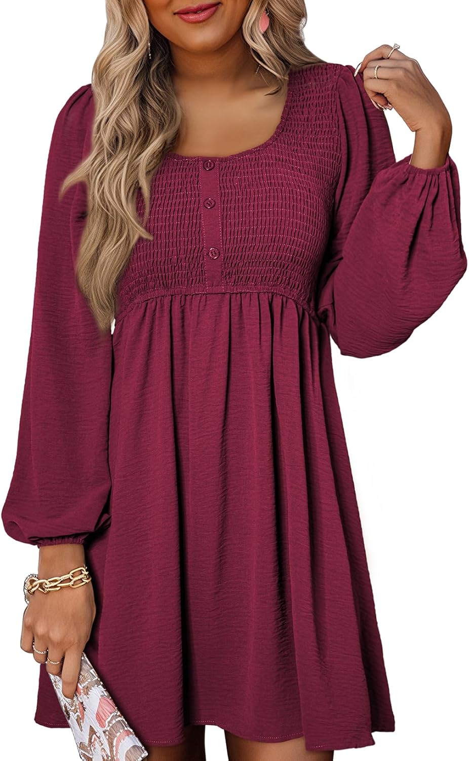 Dokotoo Womens Casual Dresses Smocked Crewneck Long Sleeve Mini