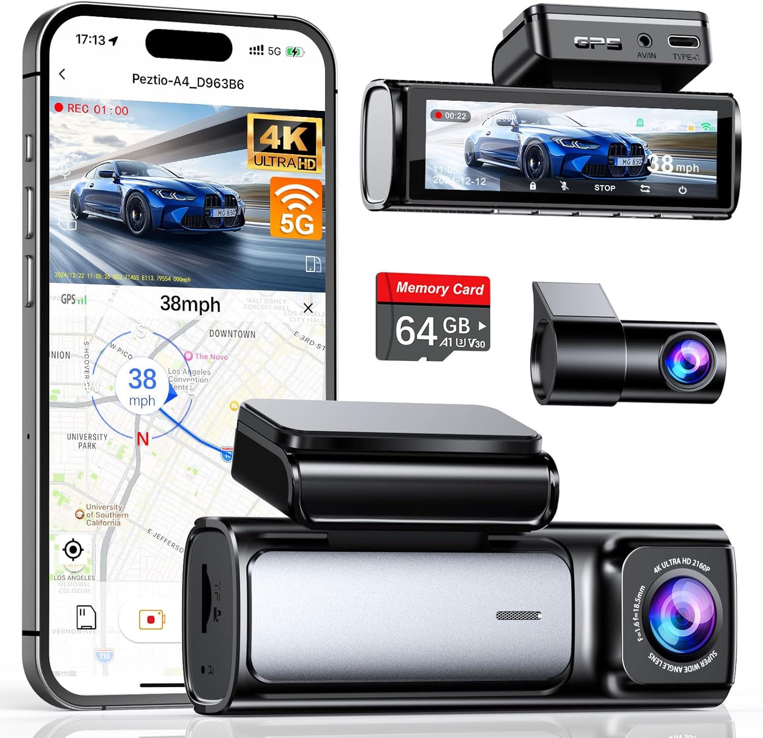 4K Dash Cam Front and Rear with 5G WiFi and GPS Features