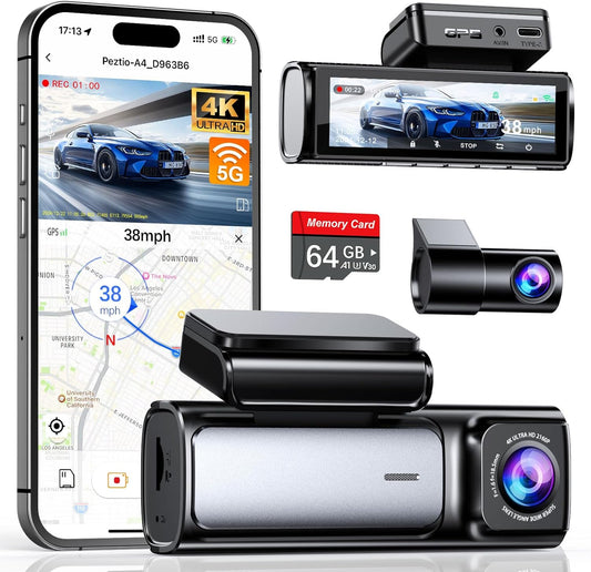 4K Dash Cam Front and Rear with 5G WiFi and GPS Features