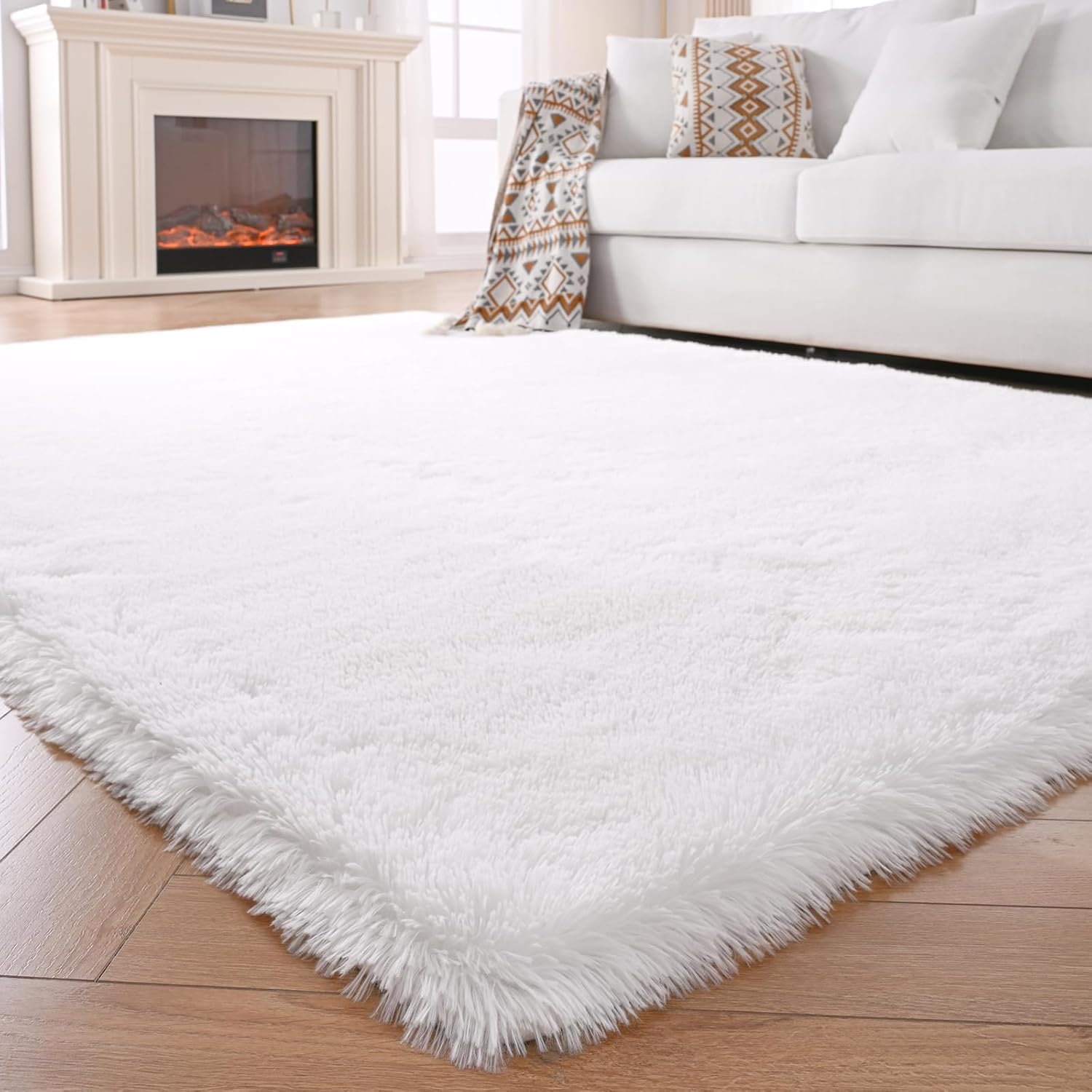 White Area Rug for Living Room - Fluffy Shag Carpet 5x8
