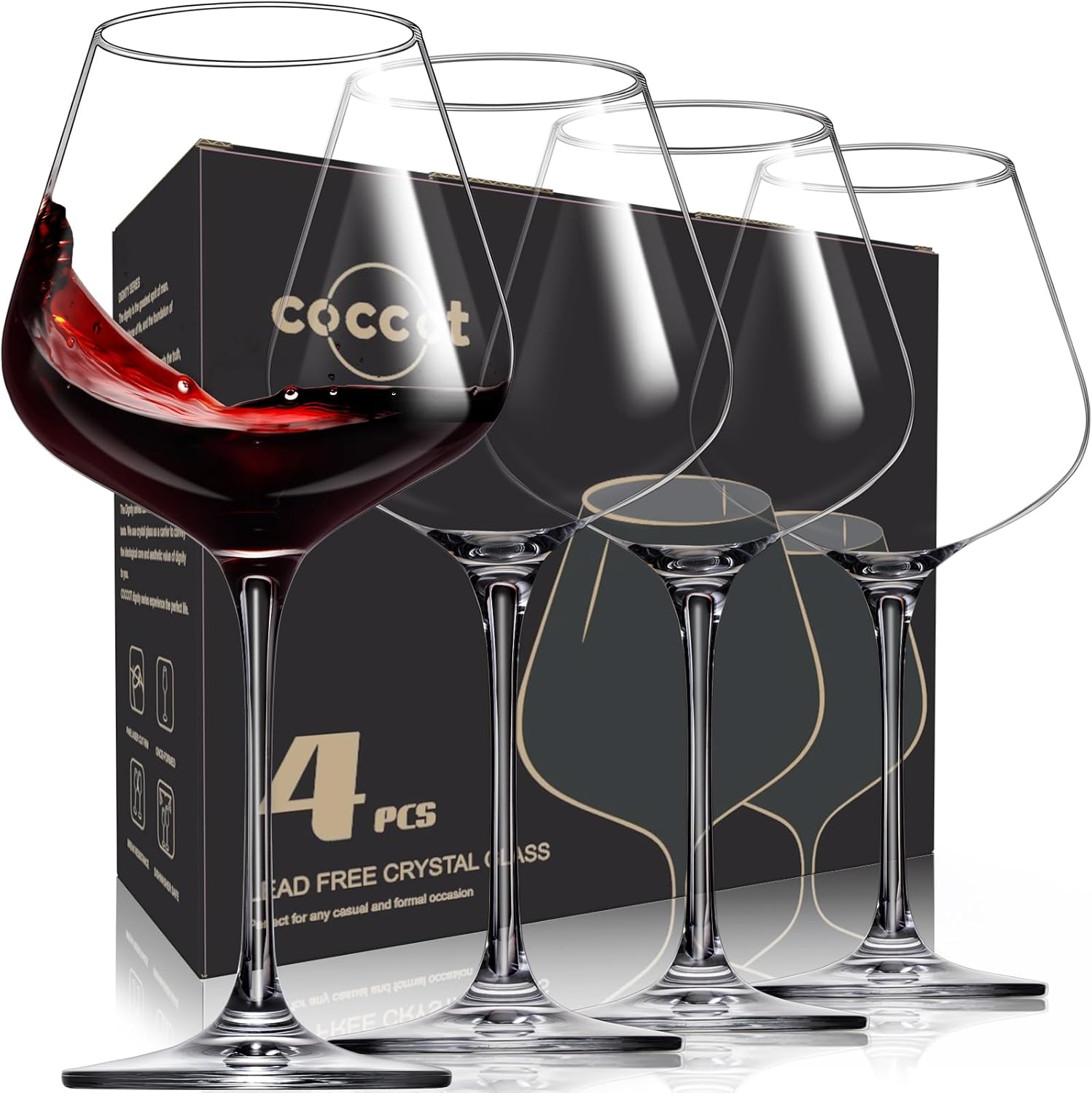 Hand Blown Crystal Burgundy Wine Glasses Set of 4 for Elegance