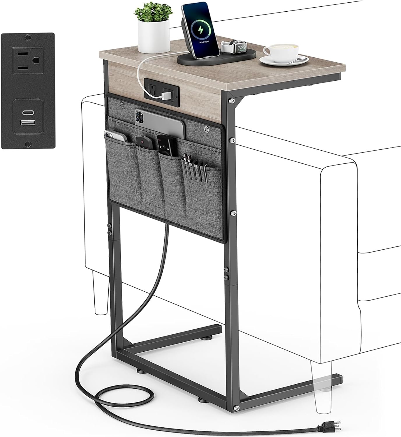 Vagusicc C Shaped End Table with Charging Station - Space-Saving Smart Storage Solution