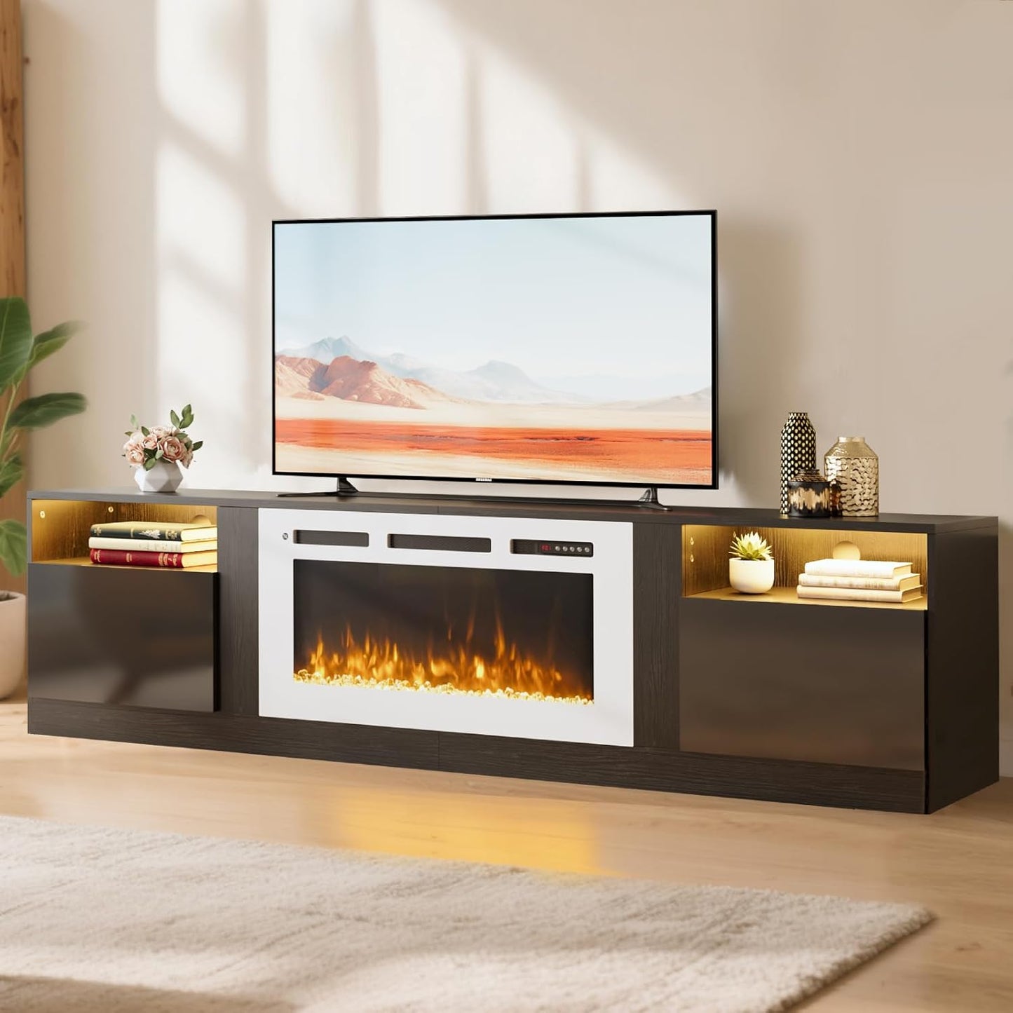 70in TV Stand with Electric Fireplace and LED Lights for TVs