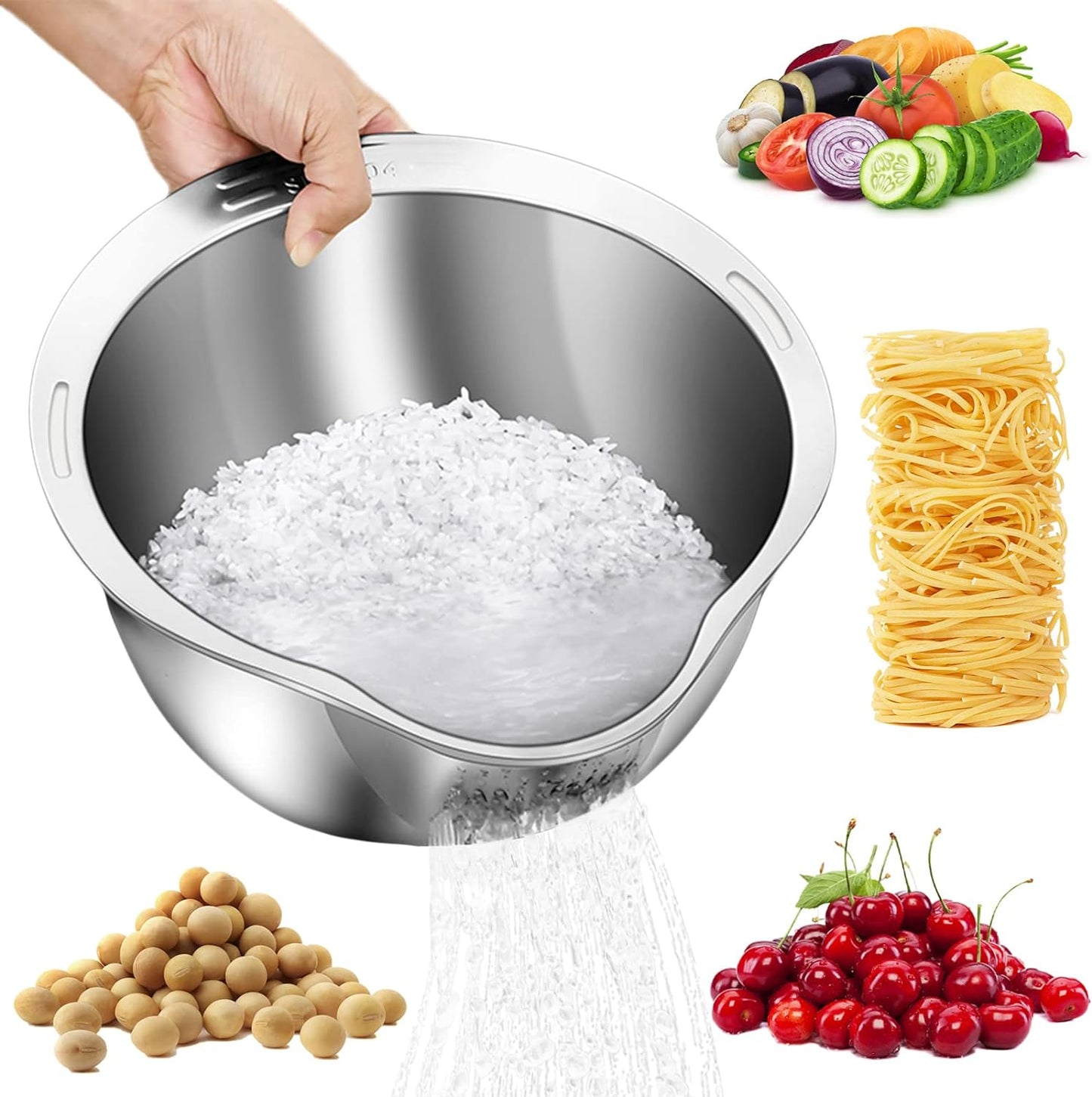 4-in-1 Rice Washer - Stainless Steel Strain & Rinse