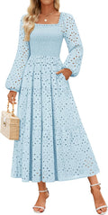 Women's Long Sleeve Smocked Maxi Dress 2025 - Square Neck Boho