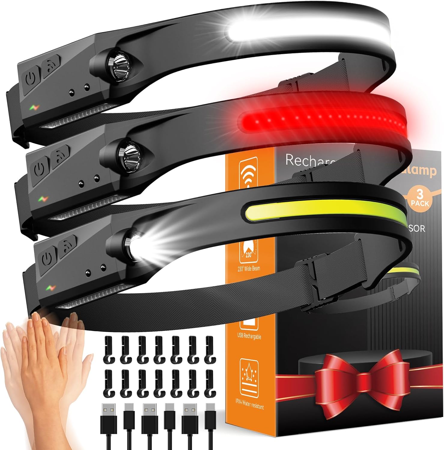 Rechargeable Headlamp 3 Pack for Running, Hiking, Camping