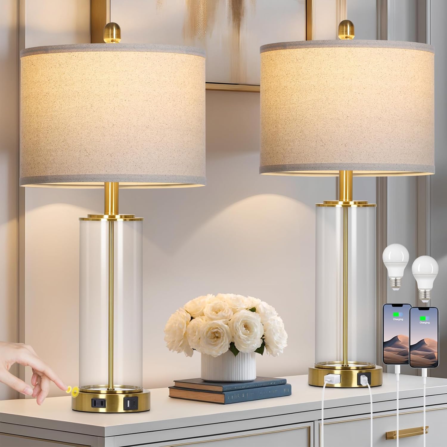 26 Gold Glass Table Lamps Set of 2 with USB Ports and Dimming