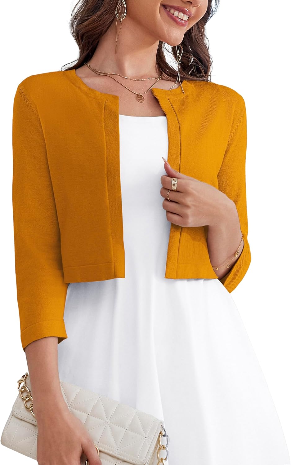 OmicGot Women's 3/4 Sleeve Open Front Cropped Cardigan Sweater
