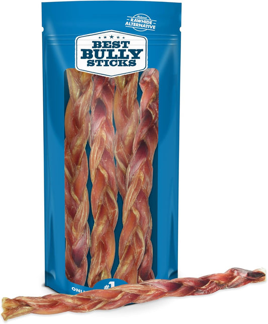 Natural XL Braided Bully Sticks for Large Dogs - 12 Inch Pack