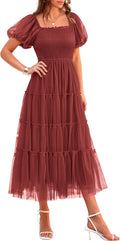 Smocked Midi Tulle Dress - Flowy Tiered Summer Party Dress Women's