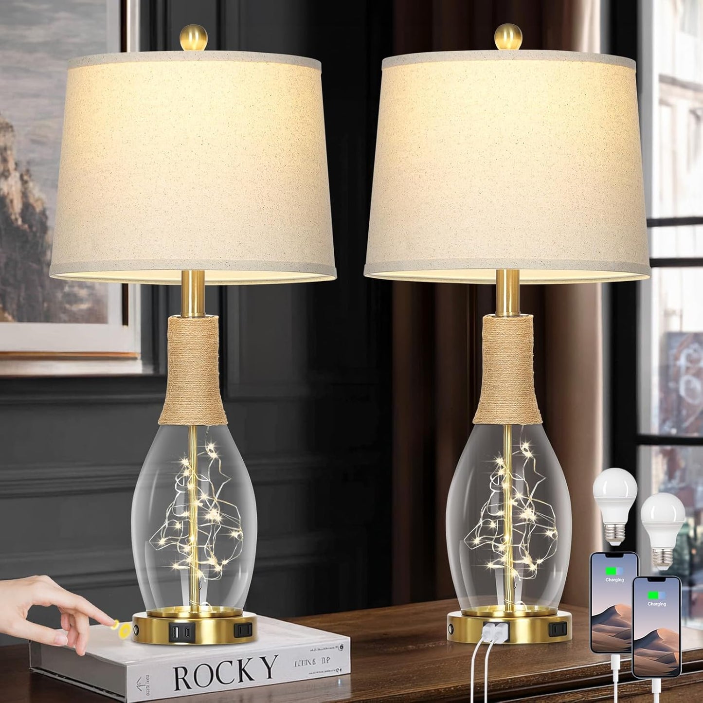 28 Boho Table Lamps Set of 2 with USB Ports and Outlet