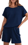 Two Piece Knit Lounge Set for Women - Shorts and Short Sleeve Top