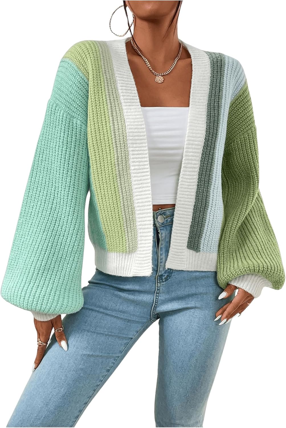 SHENHE Women's Color Block Open Front Long Sleeve Cardigan