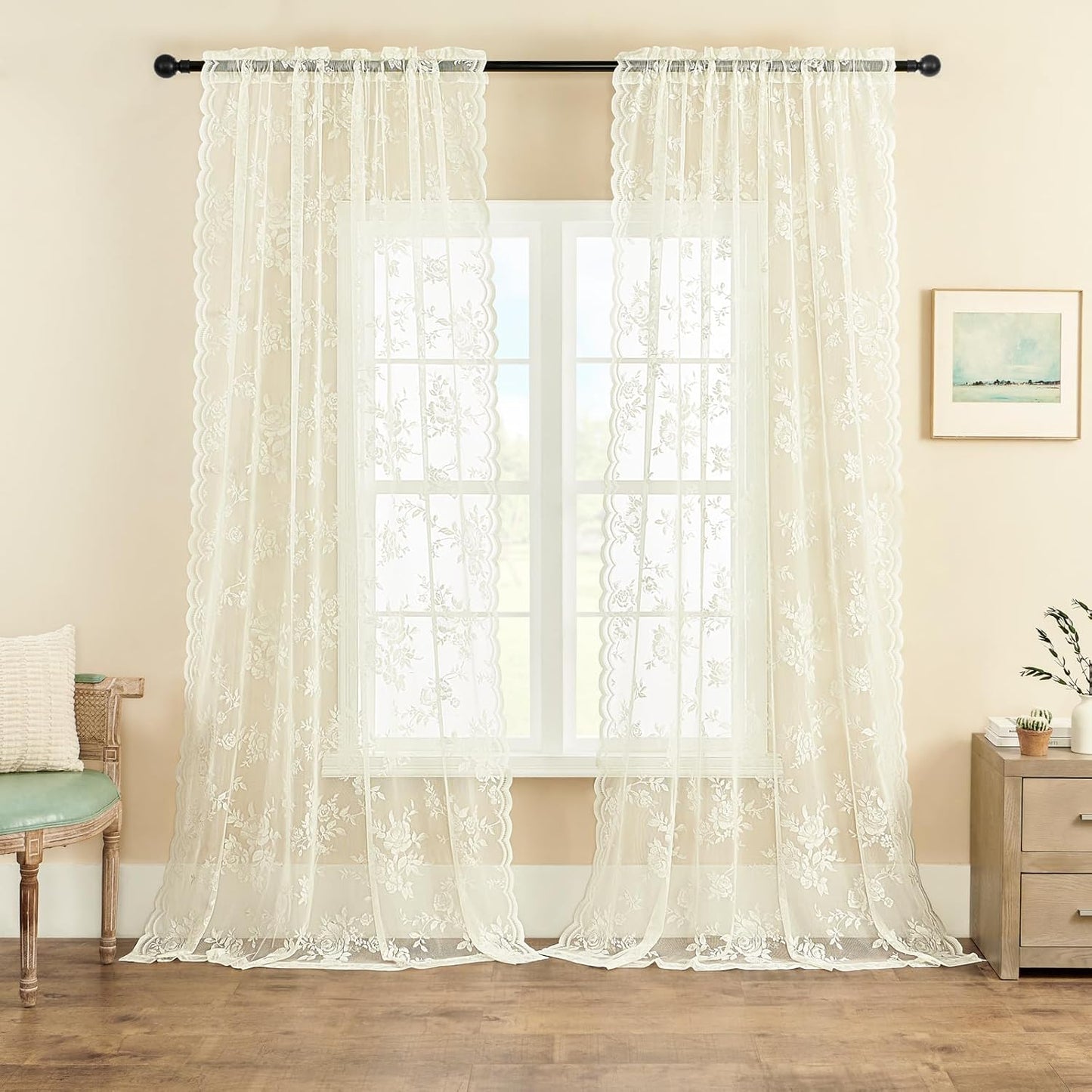 Victorian Floral Sheer Curtains 108 Inches Long for Living Room