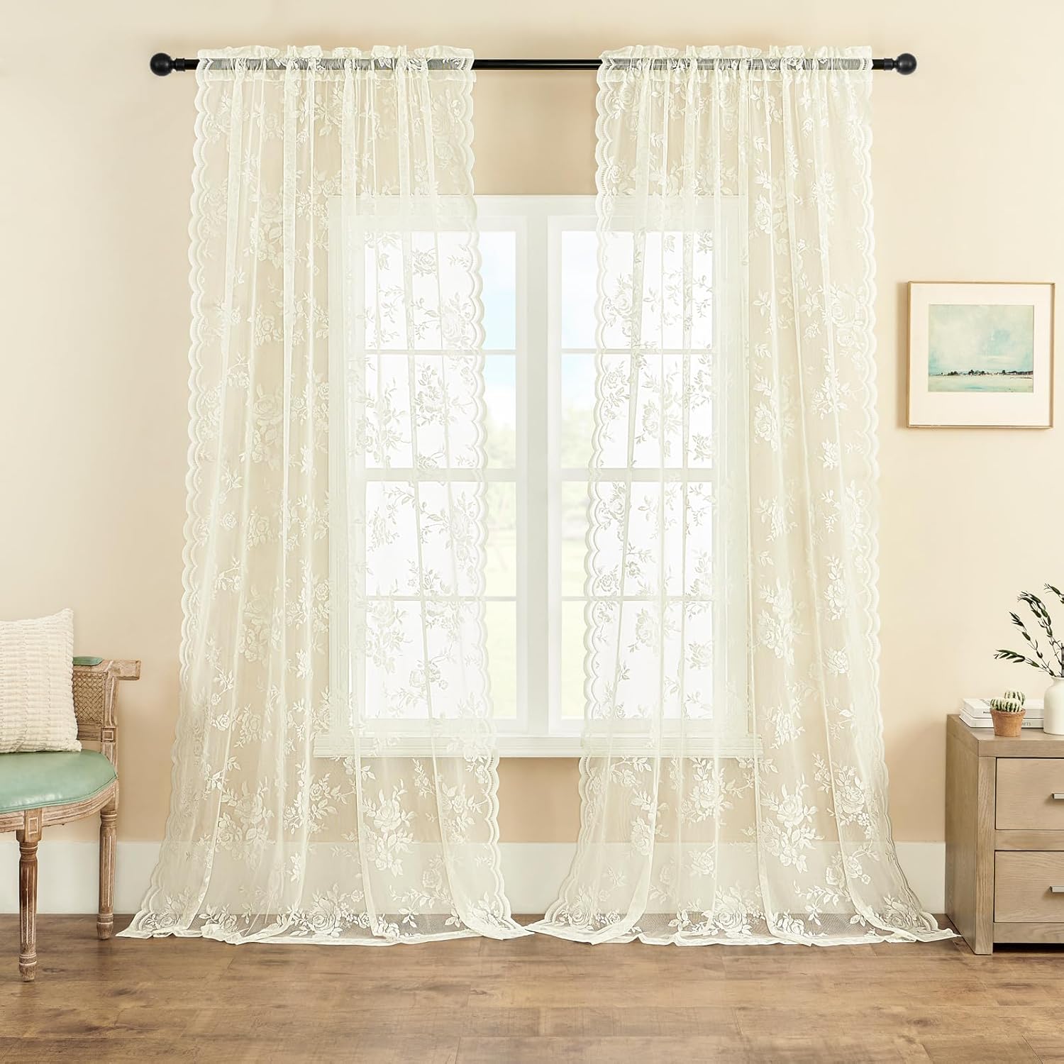 Victorian Floral Sheer Curtains 108 Inches Long for Living Room