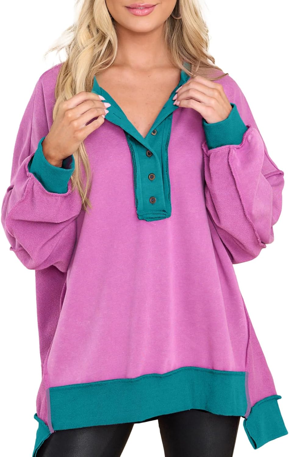 AlvaQ Oversized Casual Long Sleeve Button Henley Sweatshirt
