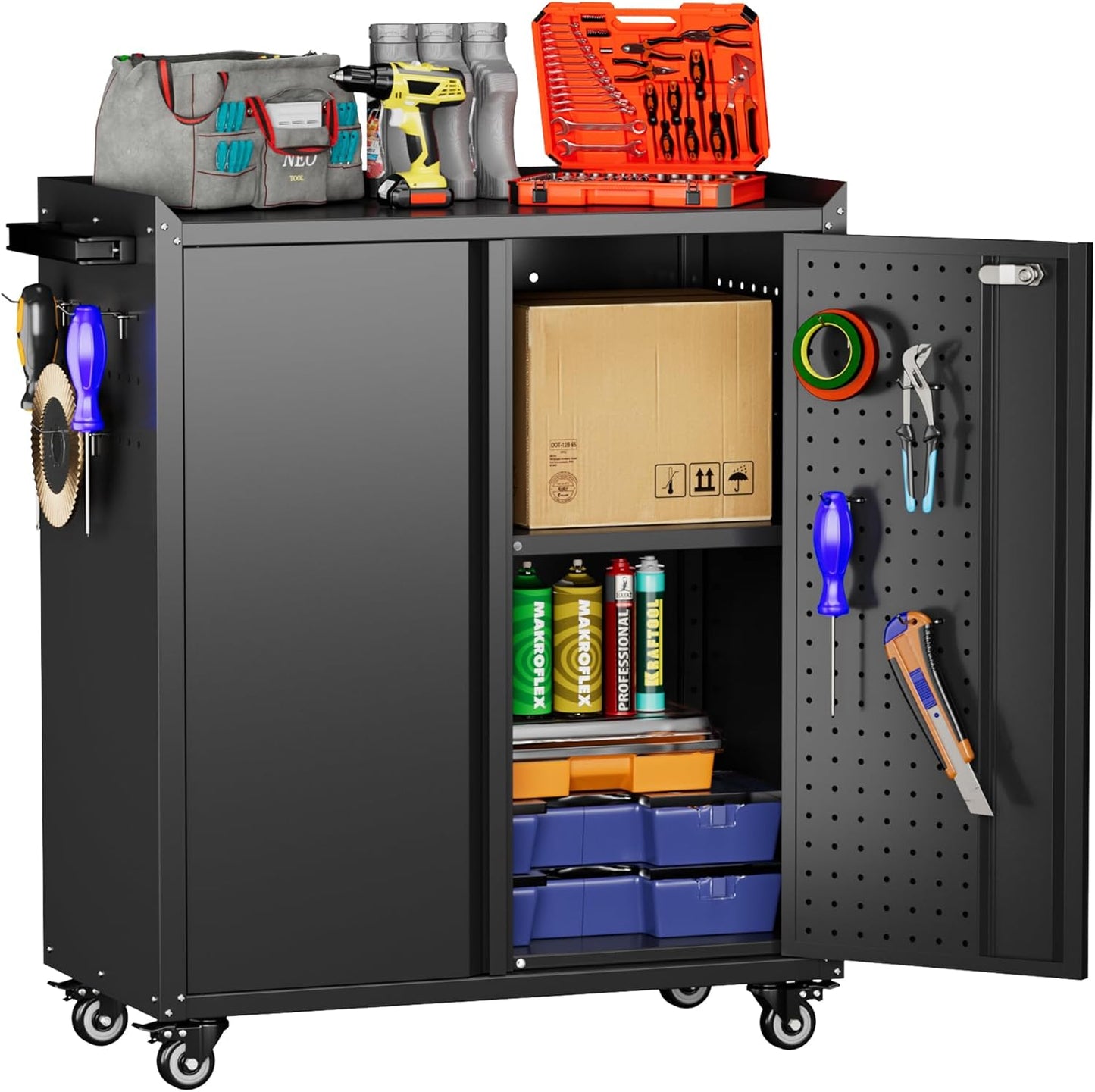 Garage Storage Cabinet with Wheels & Pegboard for Easy Access