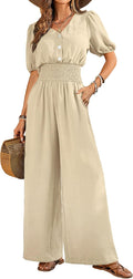 Womens Short Sleeve V Neck Wide Leg Jumpsuit - Summer One Piece