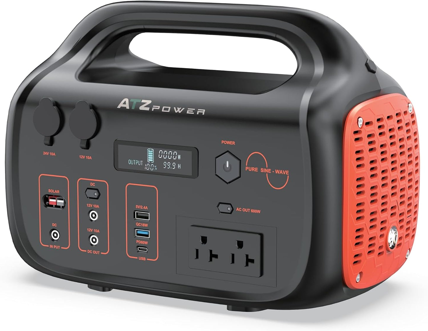 ATZ POWER Portable Solar Generator: 600W Pure Sine Wave, PD 60W USB-C
