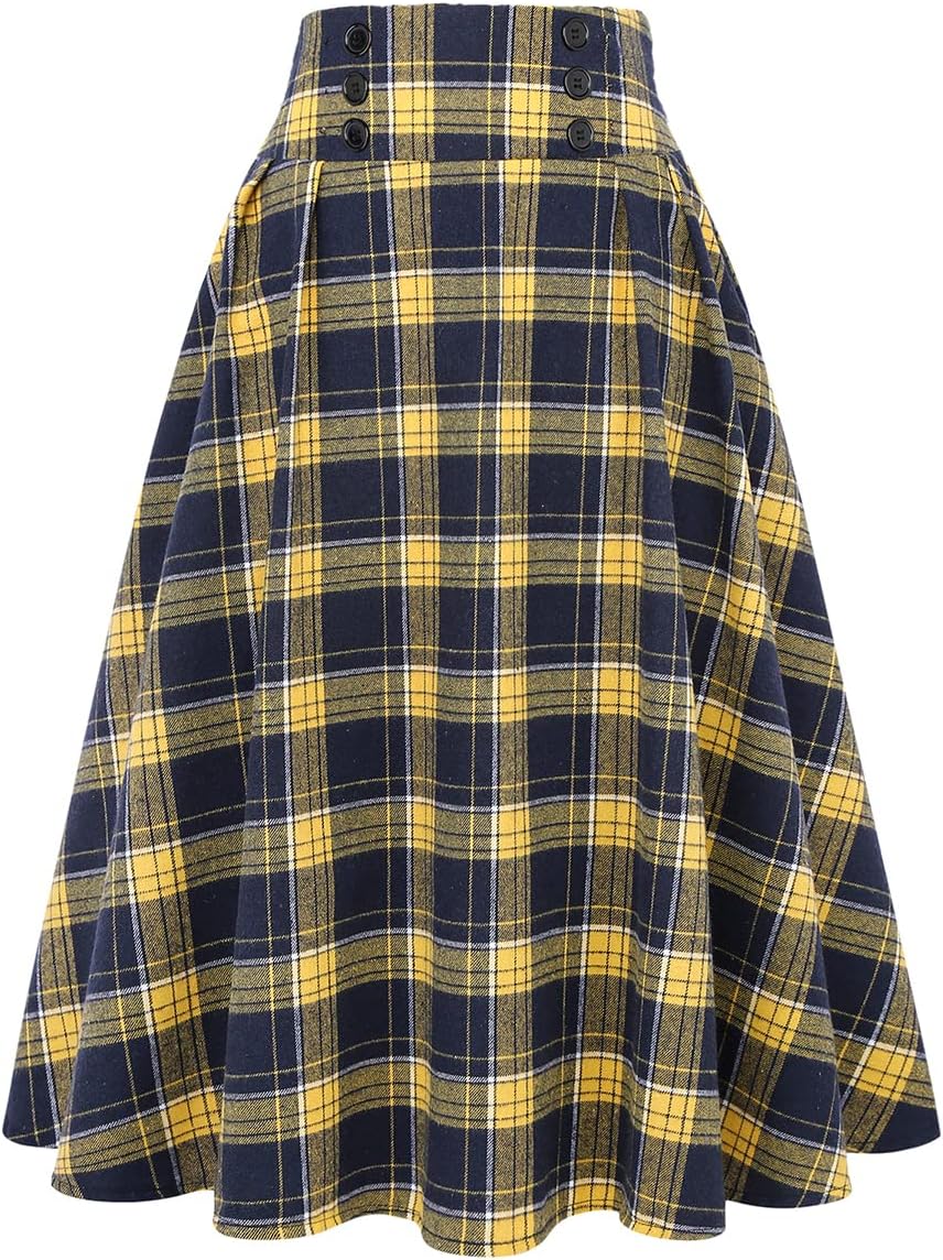 Plaid Midi Skirt for Women High Waist Aline Pleated Style
