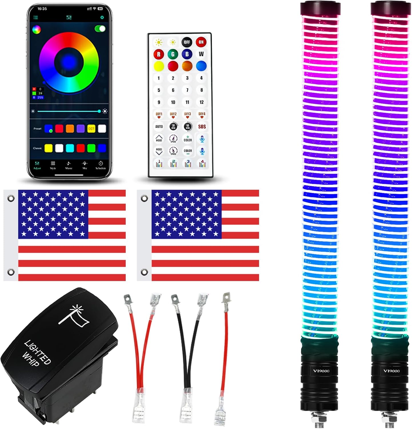 2pc 2FT COB Fat Whip Lights with App & Remote Control for UTV