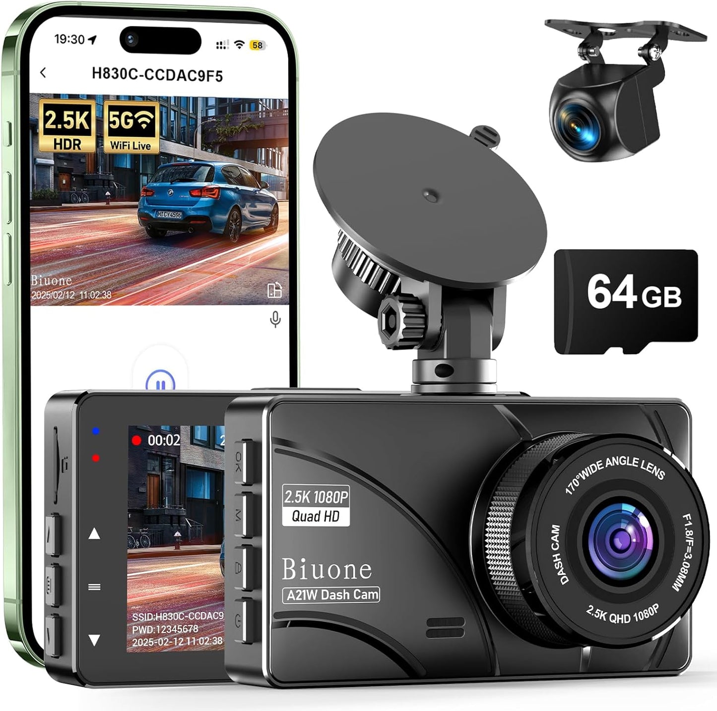 2.5K Dual Dash Camera for Cars with 64GB Card and Night Vision