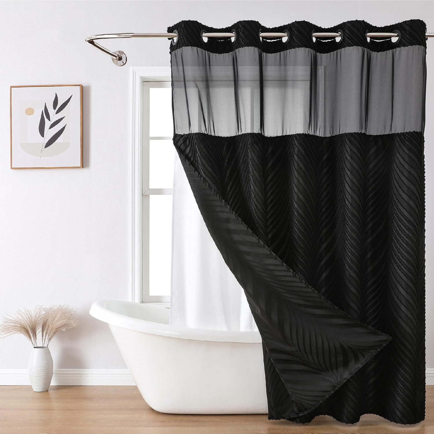 Boho Style No Hook Shower Curtain and Liner Set for Bathroom