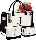 Initial Canvas Tote Bag for Women with 3-Piece Makeup Set