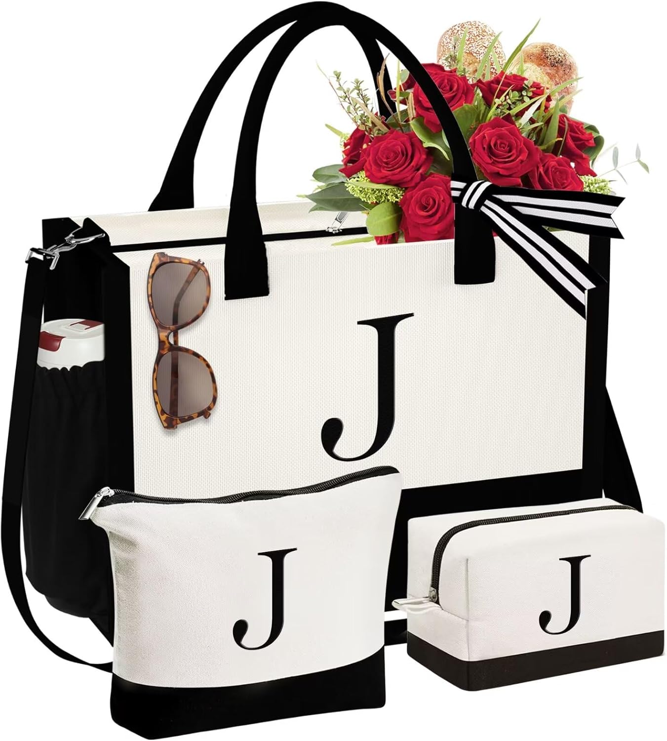 Personalized Initial Canvas Tote Bag & Makeup Bag Set for Gifts