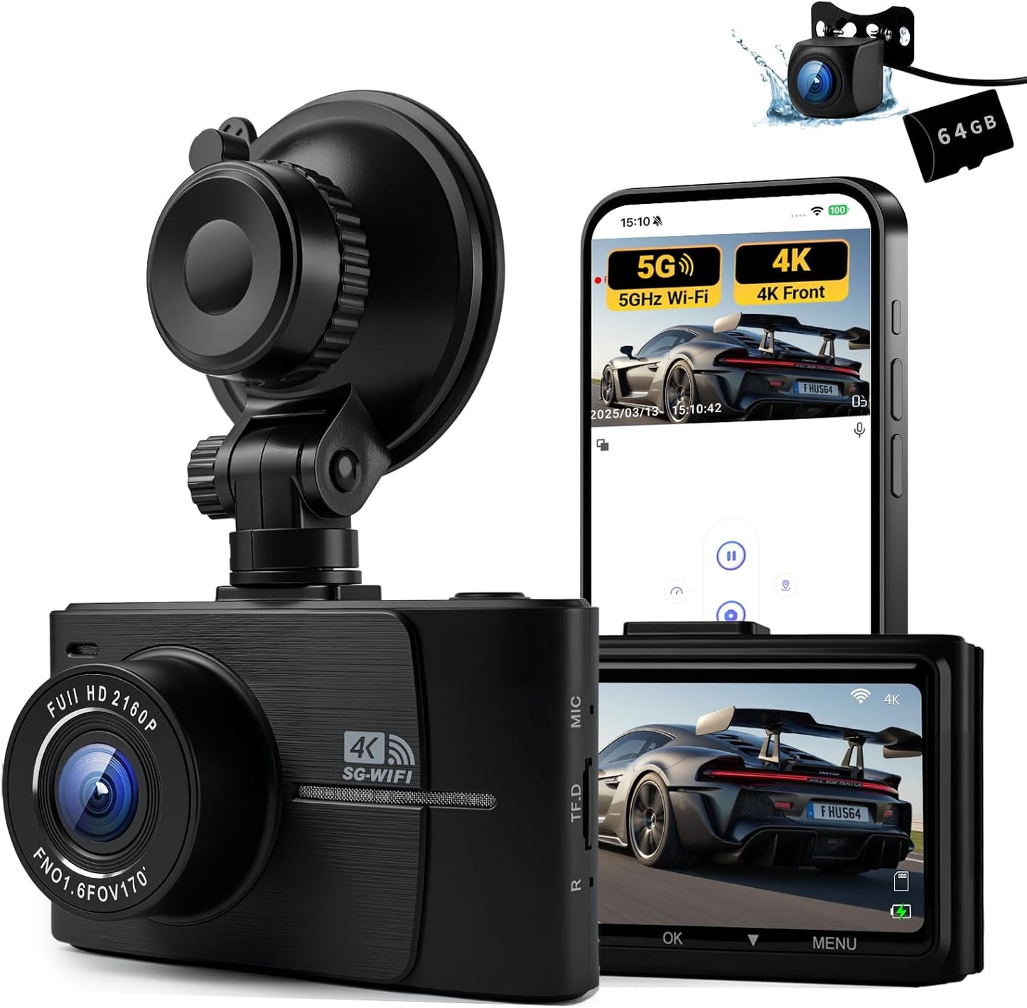 QCONTROL 4K Dual Channel Dash Cam w/ WiFi - Night Vision