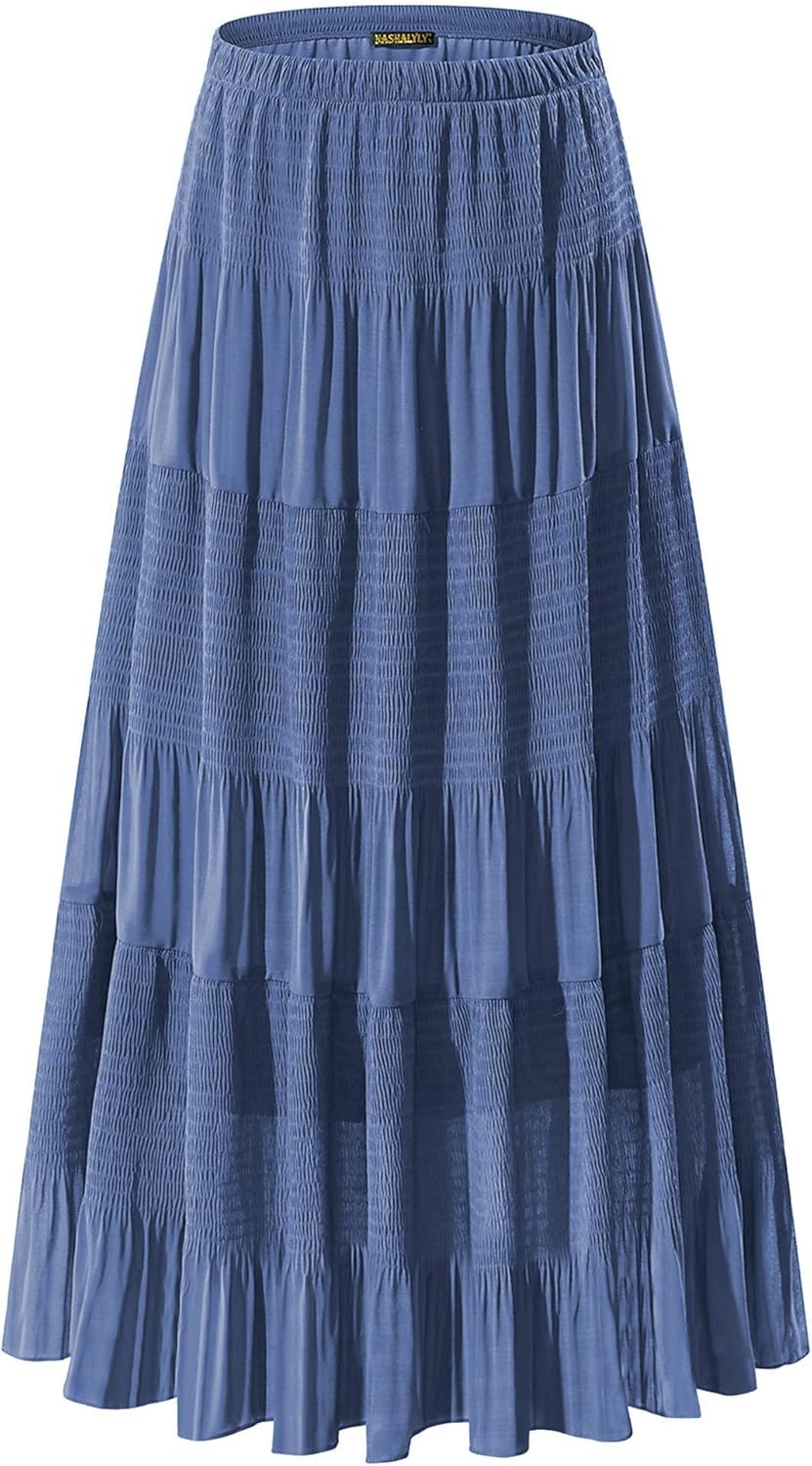 Chiffon Elastic High Waist Pleated A-Line Flared Maxi Skirt
