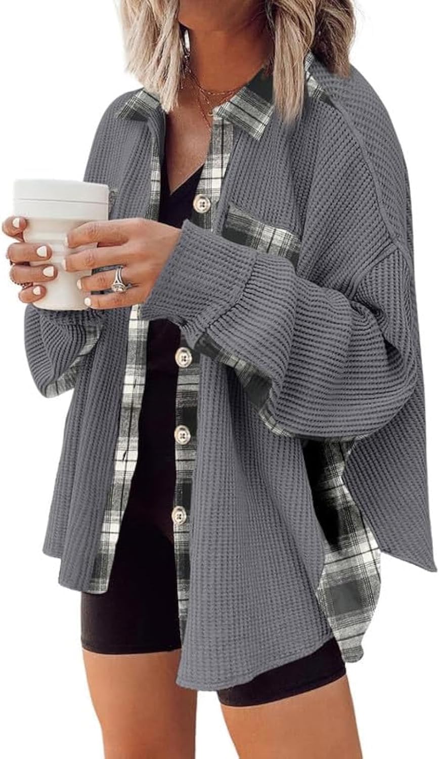 SHEWIN Womens Waffle Knit Plaid Shacket for Stylish Comfort