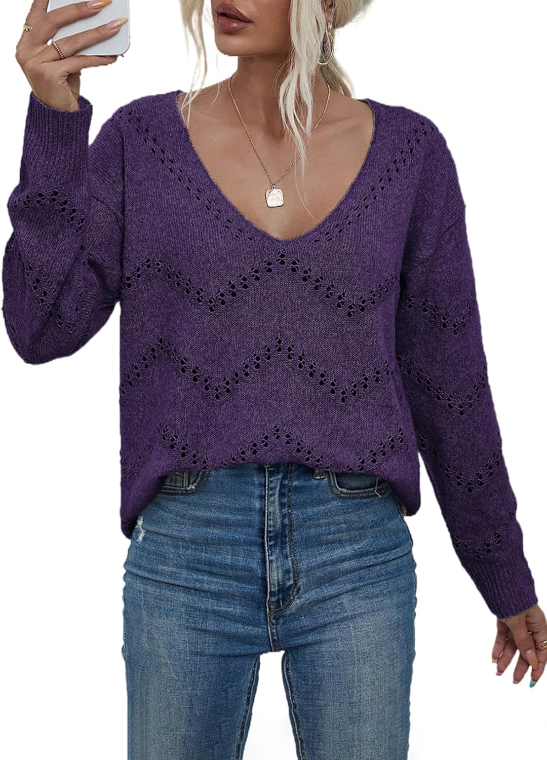 EVALESS Women's Crochet Sweater Top for Cozy Fall Outfits